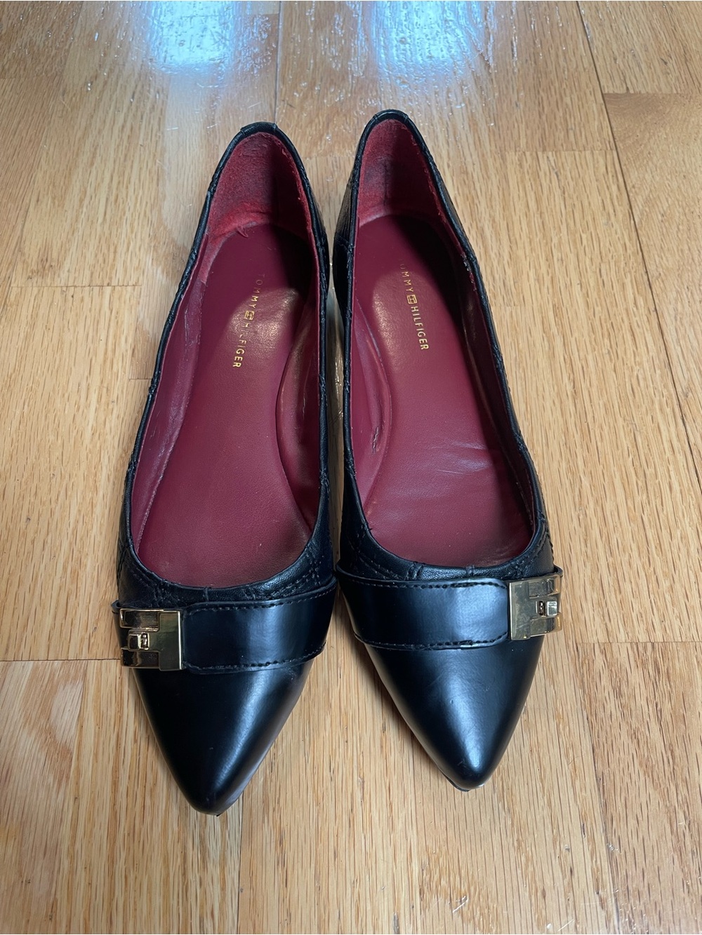 Tommy Hilfiger Black Leather Pointed Ballet Flats with Gold Buckle